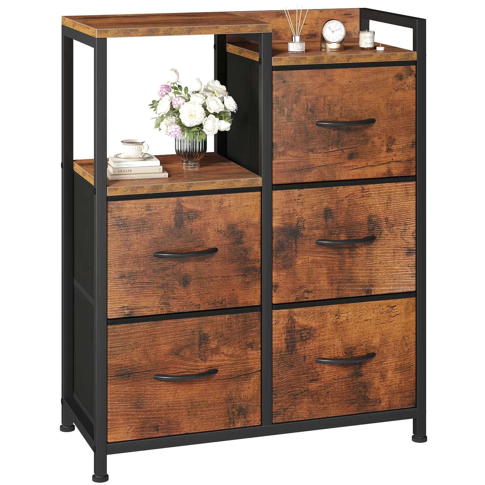 

5-Drawer TV Stand with Raised Shelf & Fabric Bins - Freestanding Storage Tower Suitable for Bedroom, Hallway, Closet Organization, Modern Wood Cabinet with Spacious Drawers, Assembly, Space-Saving for Small Spaces, Storage Drawer Units