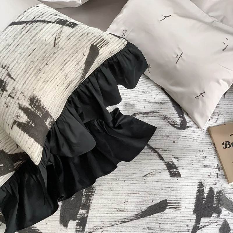 100 Thread Count Pure Cotton Four Piece Chinese Feng Shui Ink Bed Sheet Set, Lace Quilt Cover