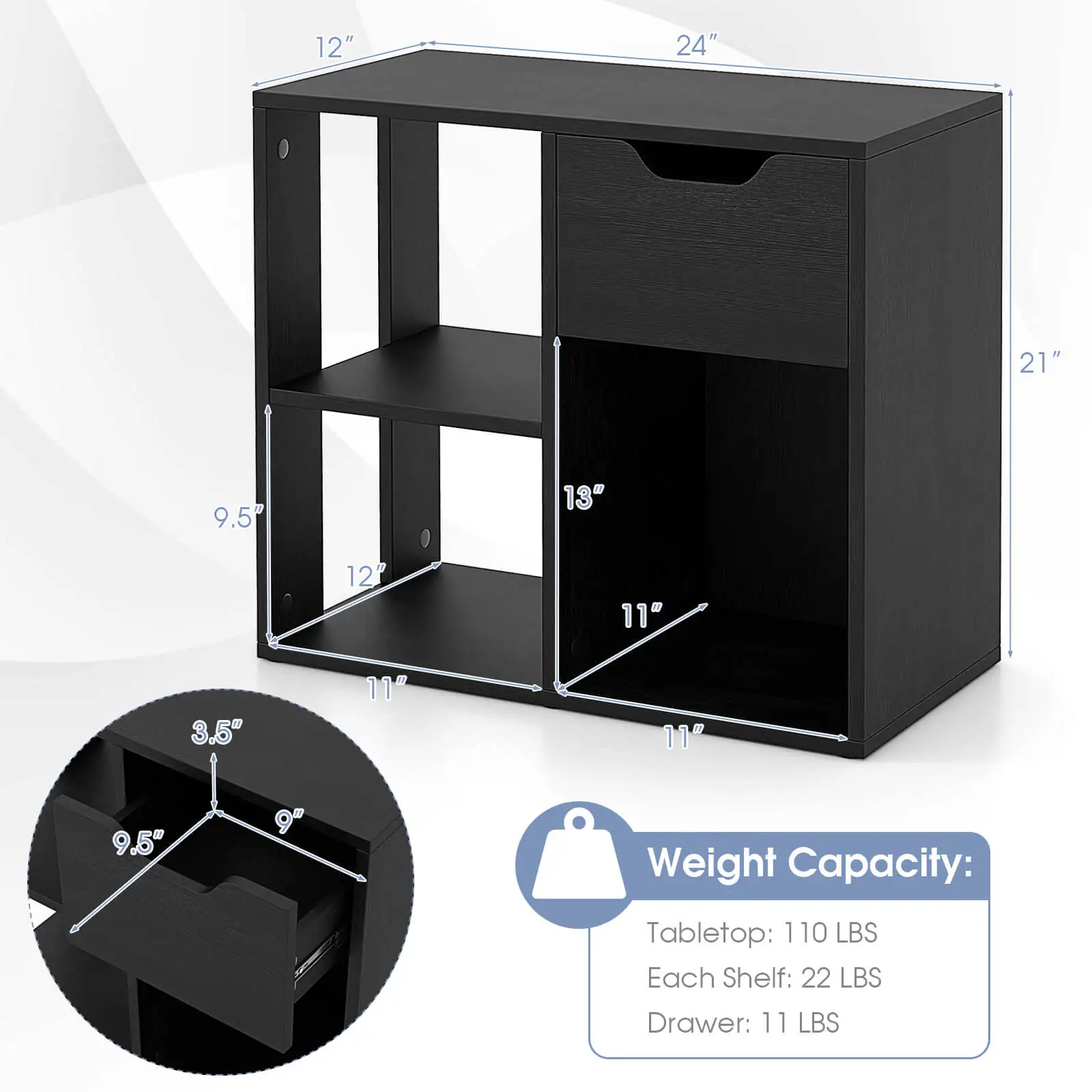 3-Cube Bookcase Organizer with 2-tier Wooden Storage Shelf & Pull-out Drawer