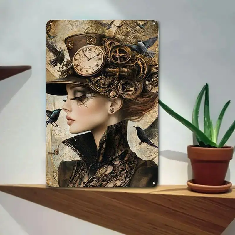 CIFBUY Retro Vintage Steampunk Mechanical Girl Tin Metal Sign Plaque Aluminum Wall Art Waterproof Durable Decor For Home Bar Gar