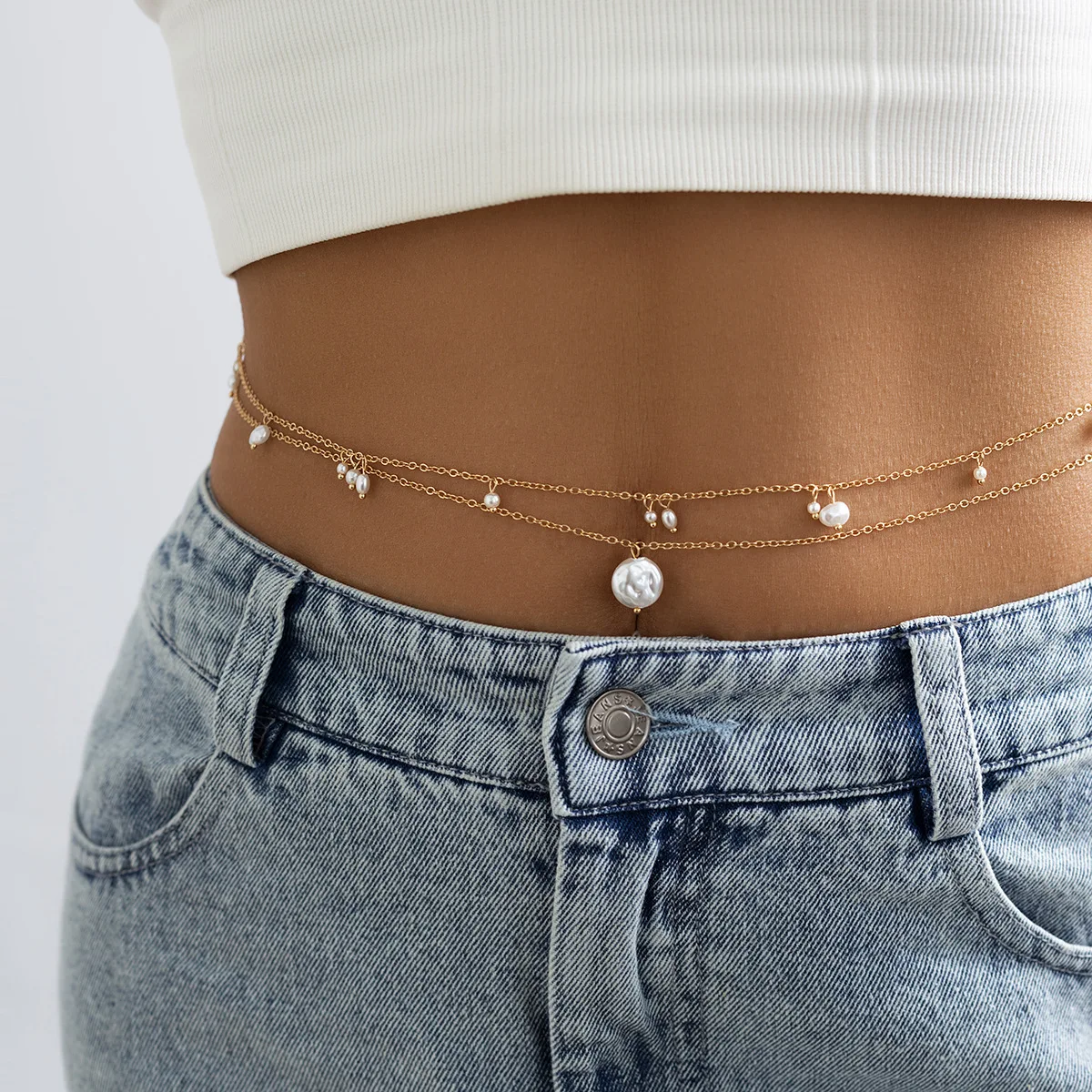 Waist Chain Faux Pearl Corn Beads Tassel Summer Beach   for Women Durable Lightweight Adjustable Silver Tone Summer Belly Chain