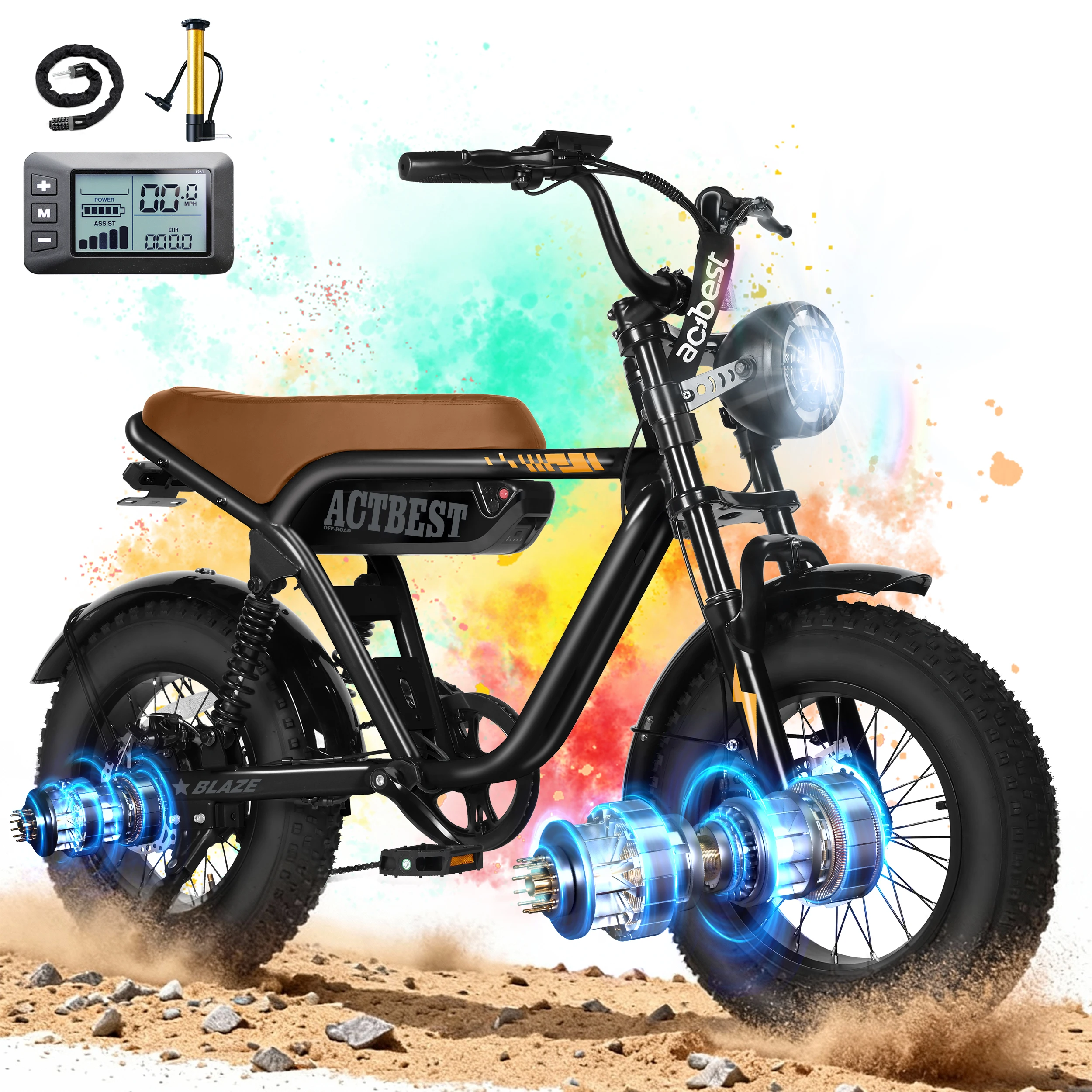 ActBest Blaze Electric Bike, 16" Fat Tires Electric Mountain Bike, 1500W Peak Motor 48V 13Ah, 25 MPH 55Mi Range Off-Road Ebike with Full Suspension, with Free Bike Lock image 5