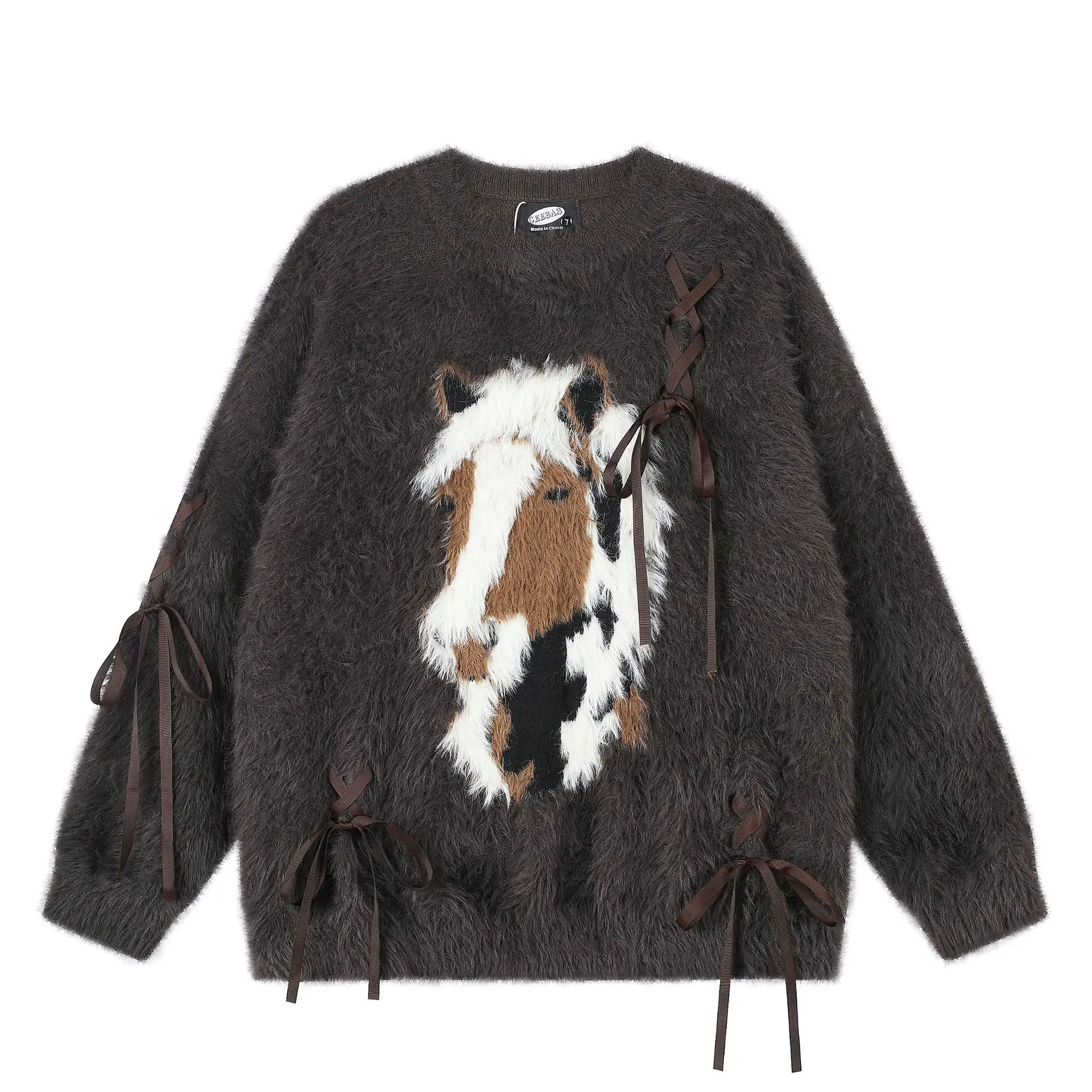 Men's Fashion Knitted Sweater With Horse Pattern Autumn Winter Jumpers For Male Crew Neck Pullover Tops Knitwear