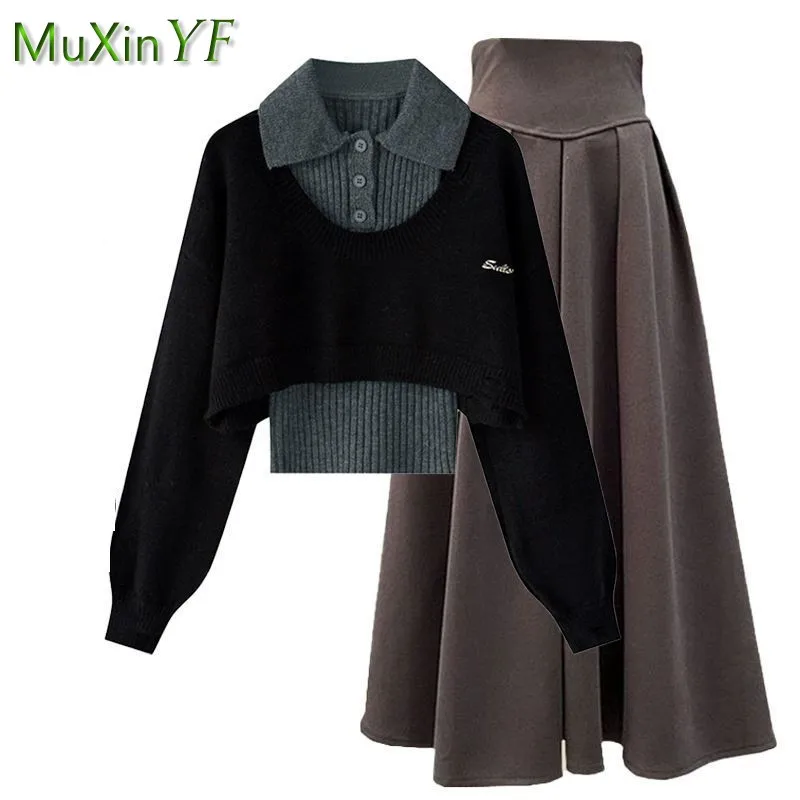 Women Fall/Winter New Retro Short Sweater+Knit Vest+High Waist Midi Skirt 3-Piece Suit Korean Elegant Hoodie Dress Matching Set