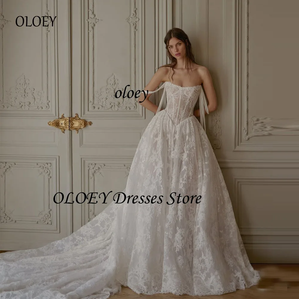 OLOEY Elegant Off the Shoulder A Line Wedding Dresses Full Lace Boning Customized Bridal Gowns Court Train Vestidos de noiva
