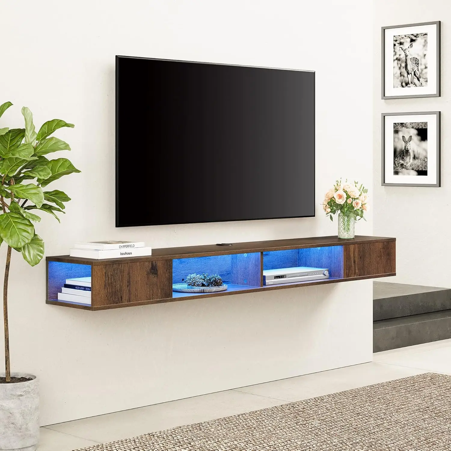 70 inch Floating TV Stand with Blue LED Light, Floating TV Media Shlef with Storage for Wall, for Living Room, Bedroom, Brown