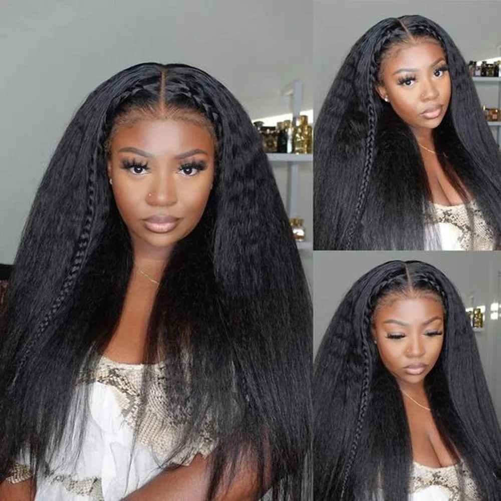 40 42 Inch Kinky Straight Lace Front Wig Pre Plucked Yaki Straigh HD 13X4 Lace Frontal Wig 100% 4C Edges Curly Human Hair Wigs image 5