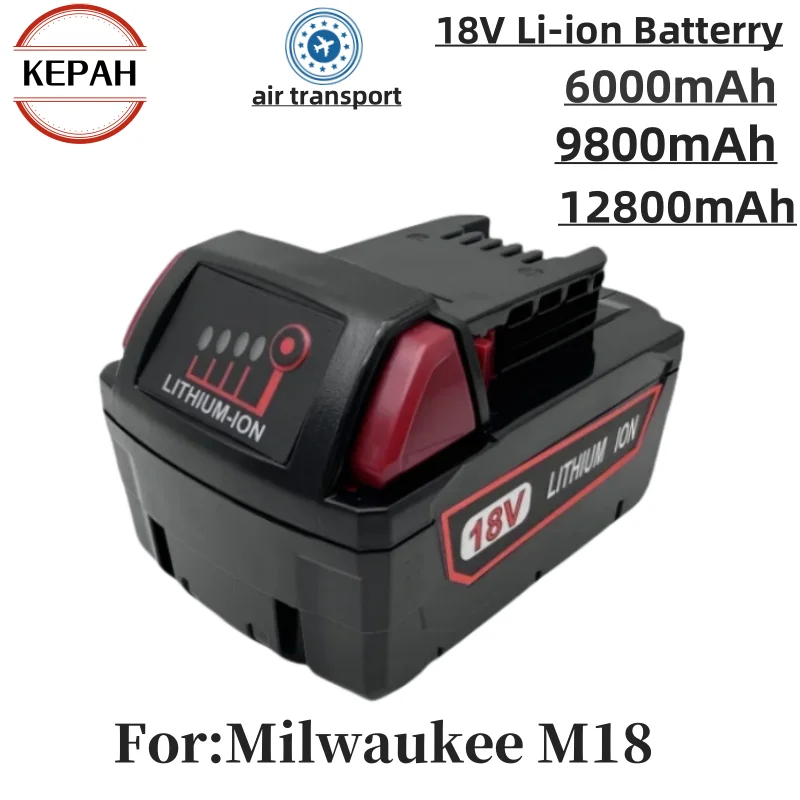 

For Milwaukee M18 Power Tool Battery, Charger, BR, XC, 18V, 6000mAh 9800mAH 12800mAH M18B5, 48-11-1860, Built-in 18650 Battery