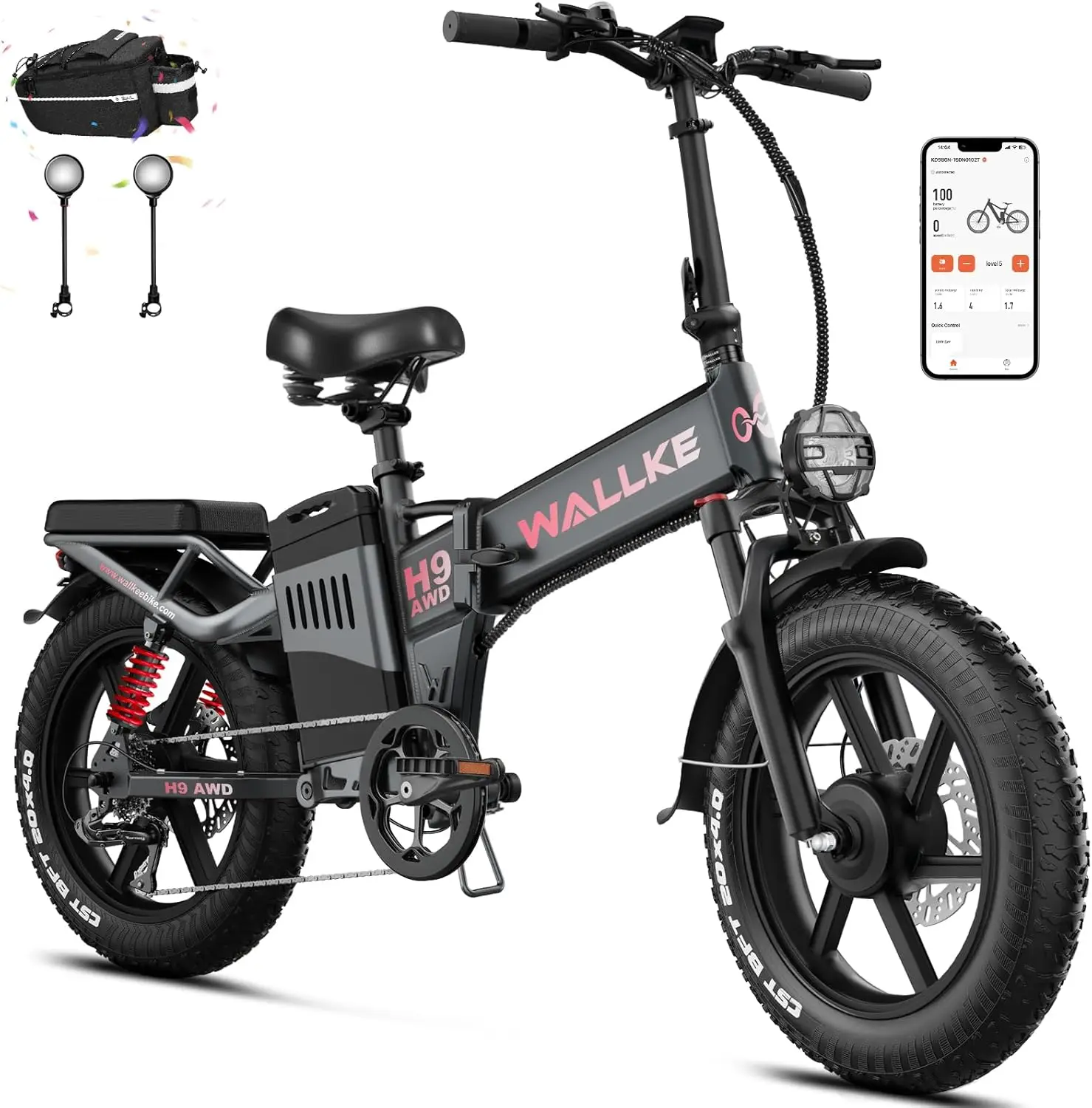 

WALLKE H9 AWD Electric Bike 2000W Dual Motor Foldable E-bike 40Ah/60Ah Electric Mountain Bike 20" Fat Tire Ebike w/APP Control