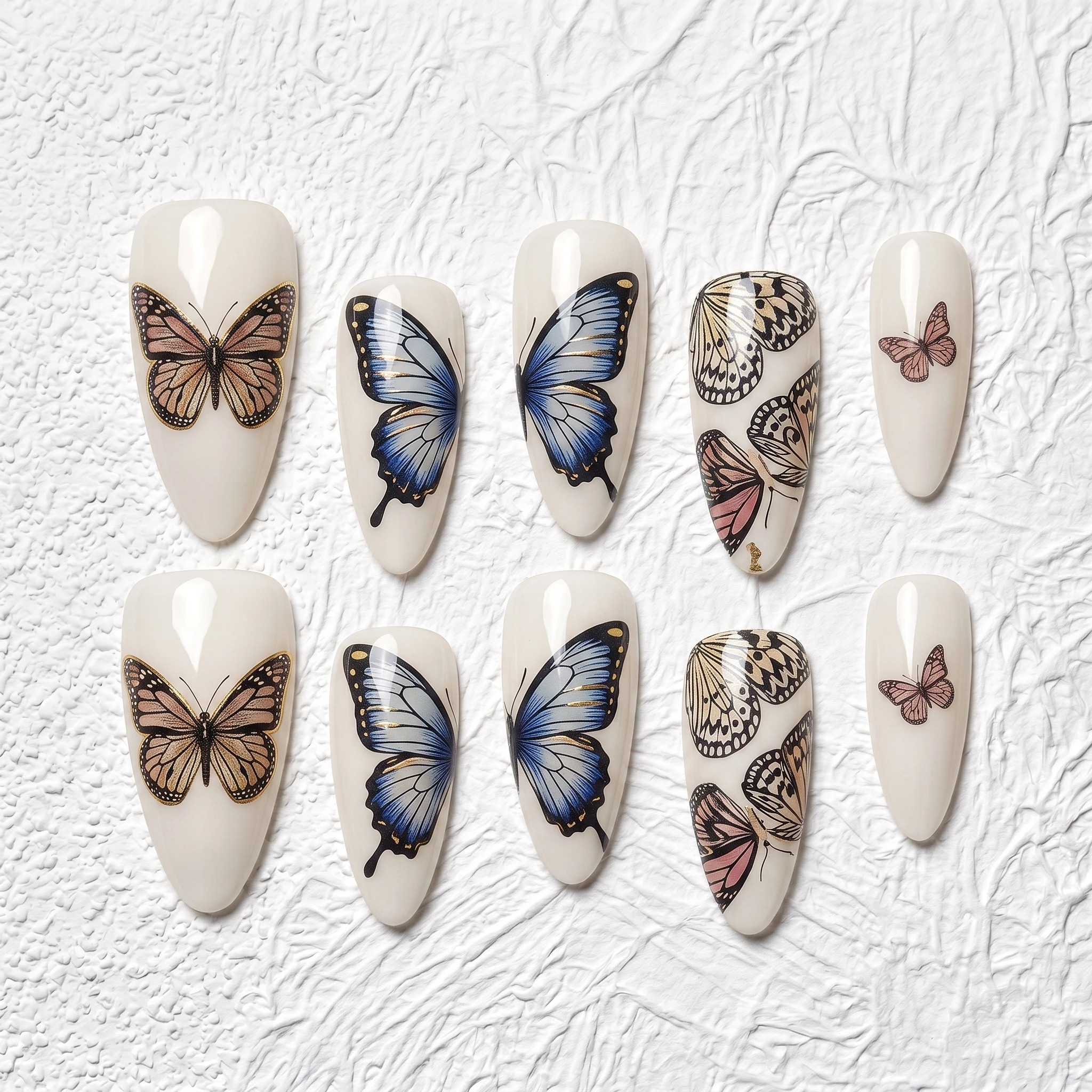 Artisan Handcrafted 10PCS Almond Press-On Nails | Hand-painted Butterfly Motif, Gold Accents, Glazed Finish, Elegant Daily Wear