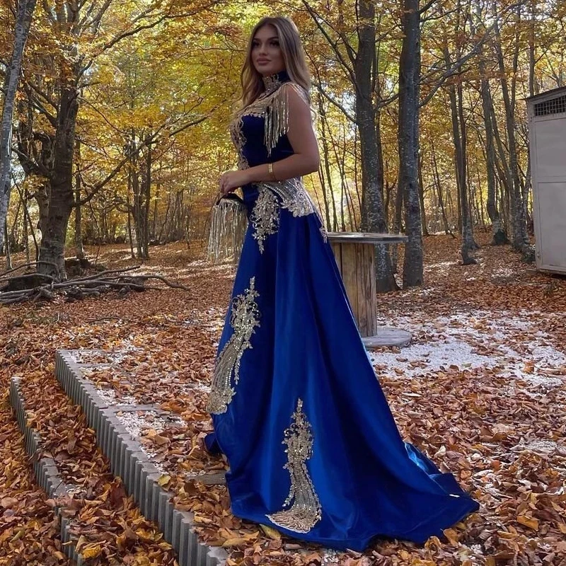 Vestidos de Noche de terciopelo azul real para mujer, caftán Abaya de Dubái, vestido de fiesta con apliques de encaje, vestidos de graduación, tren desmontable, caftán Islámico