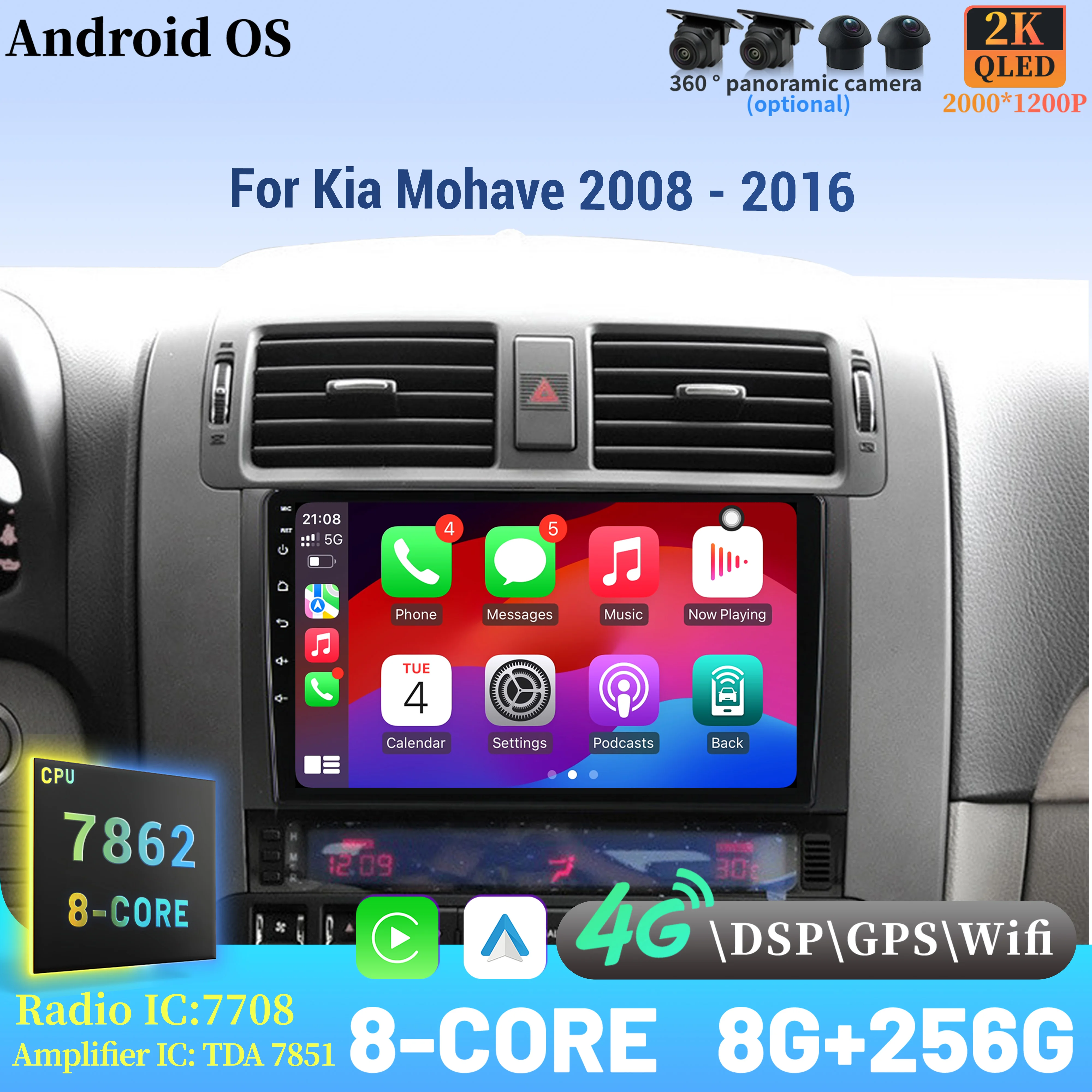 

For Kia Mohave 2008 - 2016 Wireless BT CarPlay Android 14 Radio Car Multimedia Player 7862 8+256 radio Touch 2K QLED Screen