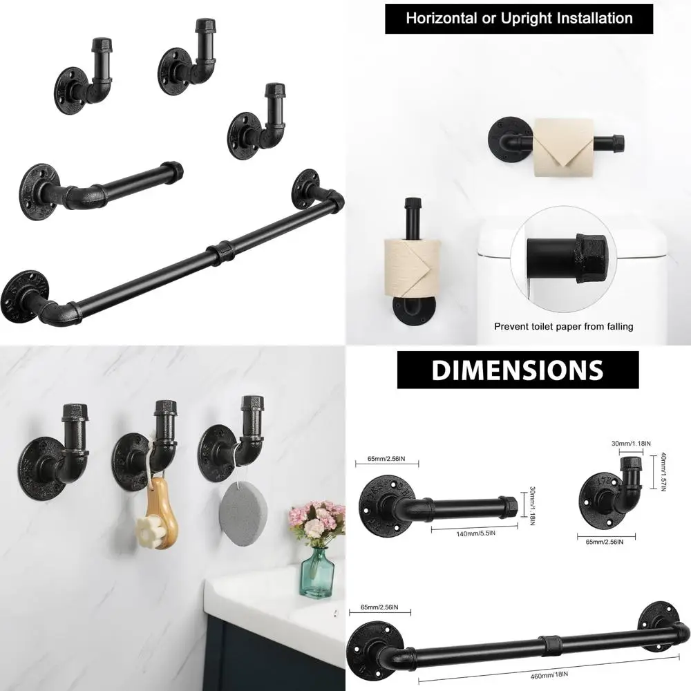 

Industrial Style 5-Piece Bathroom Accessory Set: 18 Towel Bar, Toilet Paper Holder, Wall Mount Hooks