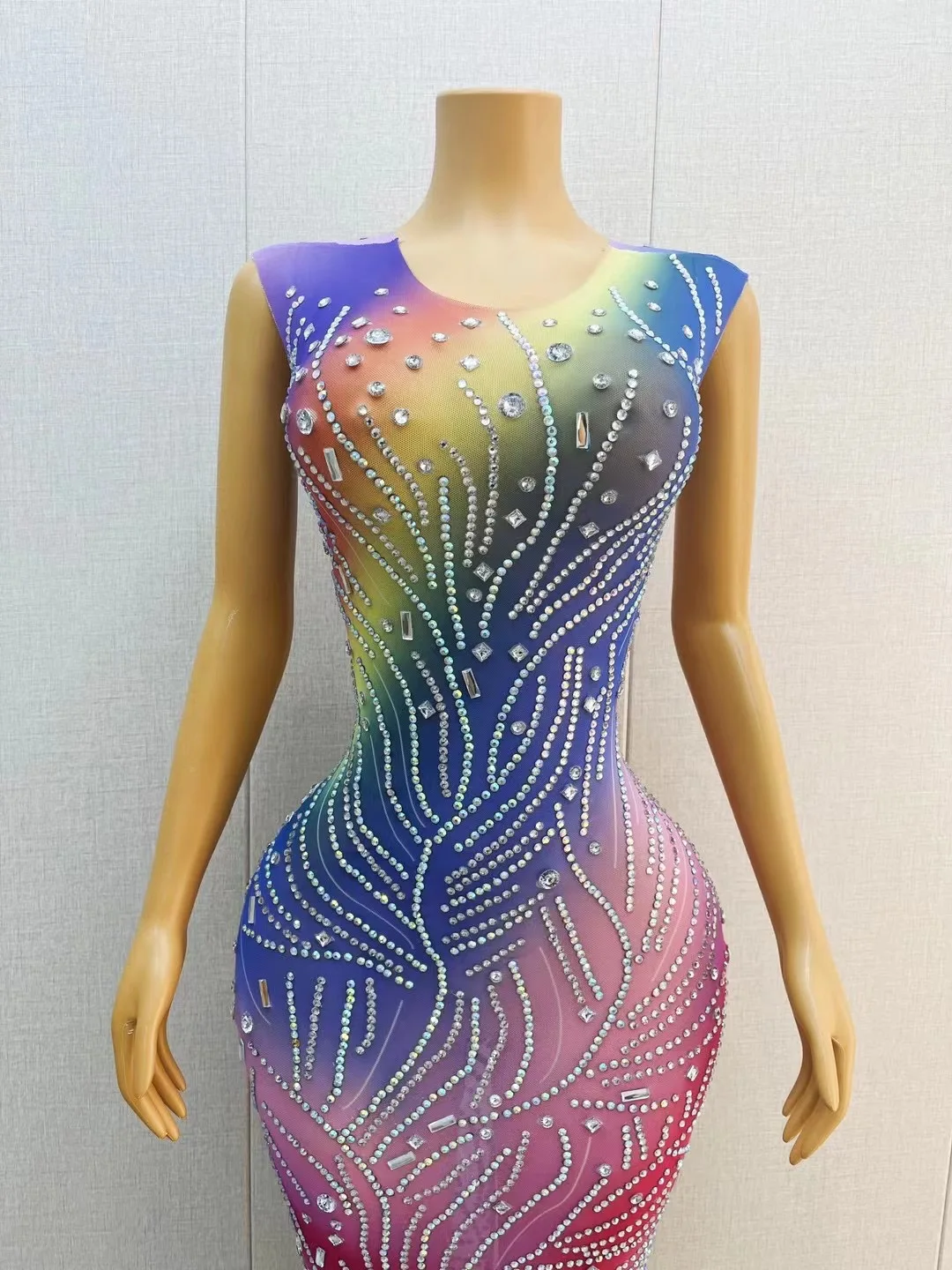 Rhinestones Transparent Colorful Sleeveless Dress Birthday Celebrate Dresses Evening Dance Team Performance Costume yinsi