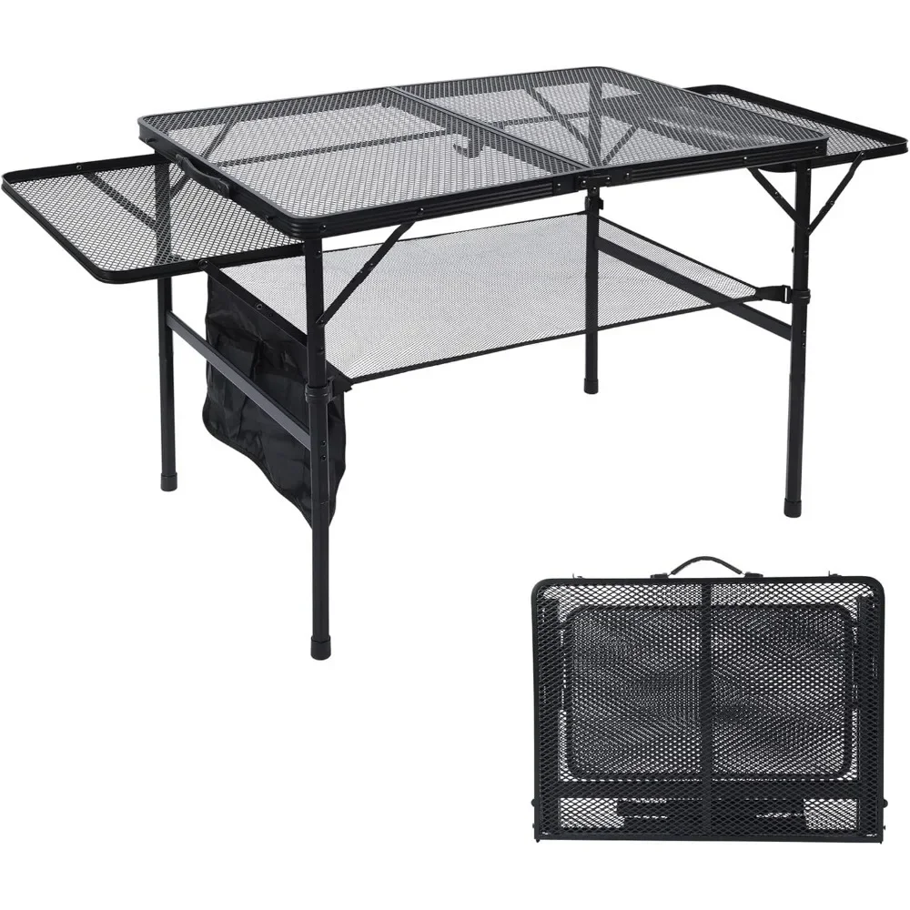 Folding Grill Table, 3x2 FT Portable Camping Table with 2 Wing Panels, Height Adjustable Metal Table with Mesh Desktop and Mesh