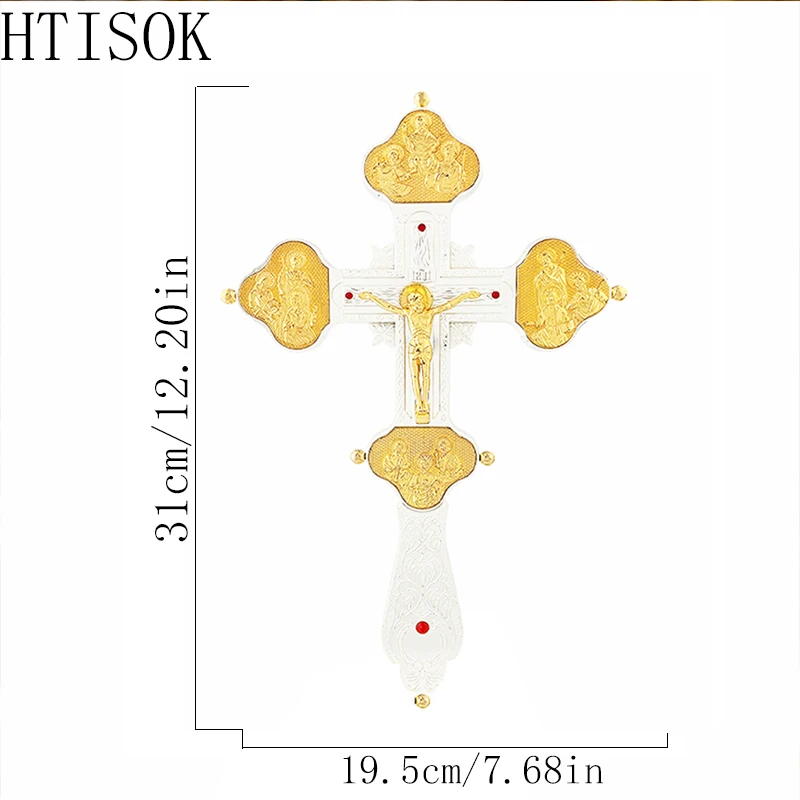 

HTISOK Gold Plated Eastern Orthodox Standing Altar Cross Crucifix with Base Enamel Inlay for Church Worship Home Altar Devotion