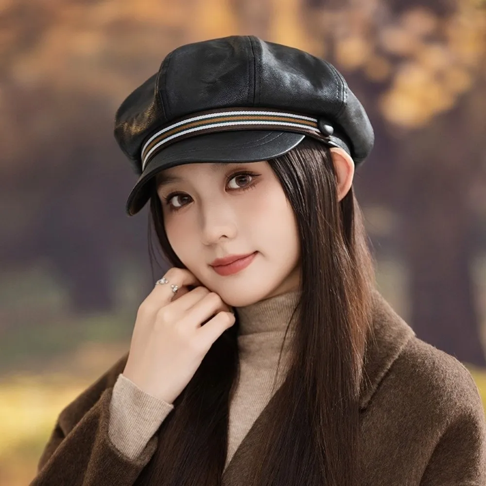 

Casual Stripe Pu Leather Beret Warm Windproof Octagonal Hat Flat Korean Style Painter Hat Outdoor