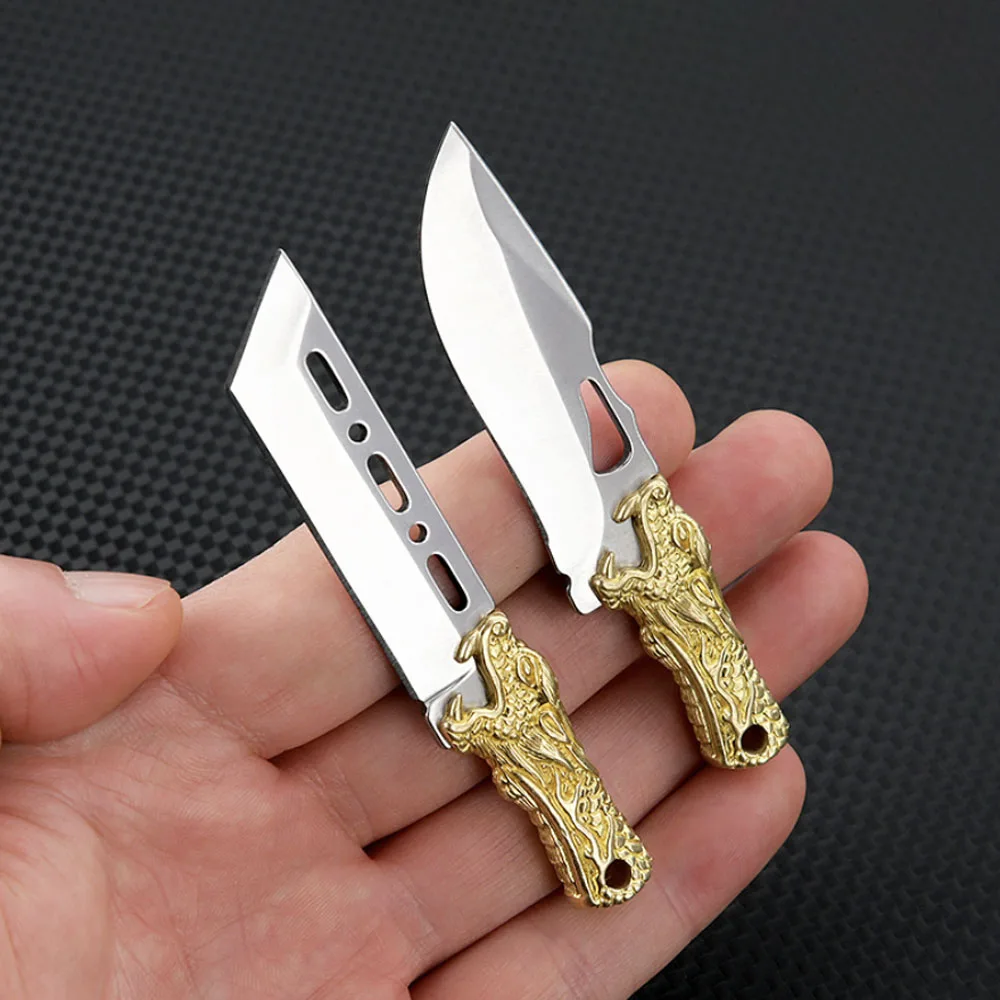 Stainless Steel Pocket Knife High-quality Dragon Bronze Pattern Handle Fixed Blade Camping Tool Keychain