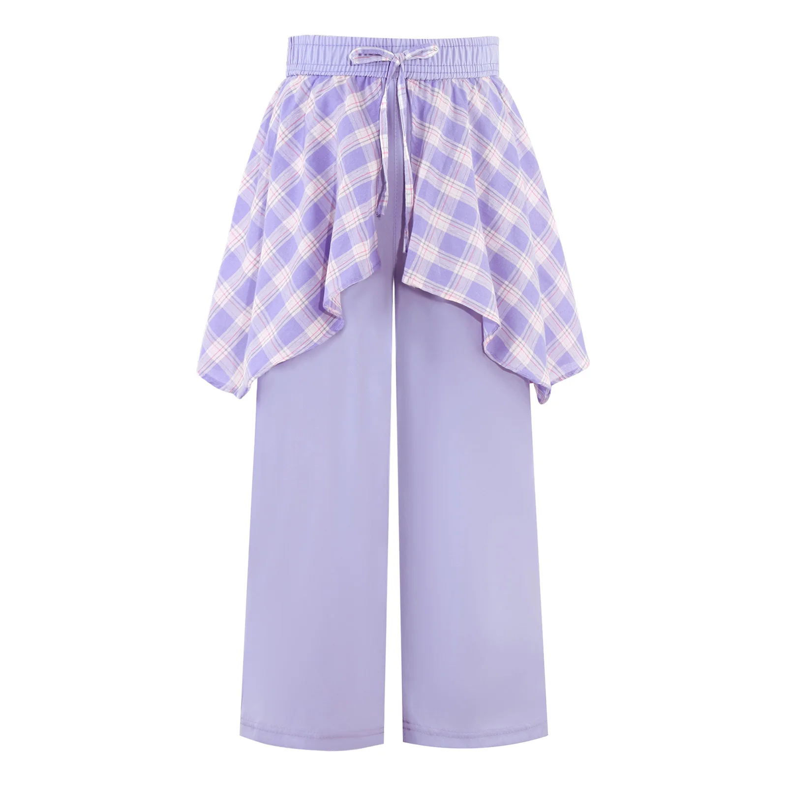 Kids Teen Girls Hip Hop Dance Trousers Fashion Y2k Vintage Plaid Skirt Overlay Fake Two-piece Style Wide-leg Jazz Dance Costume