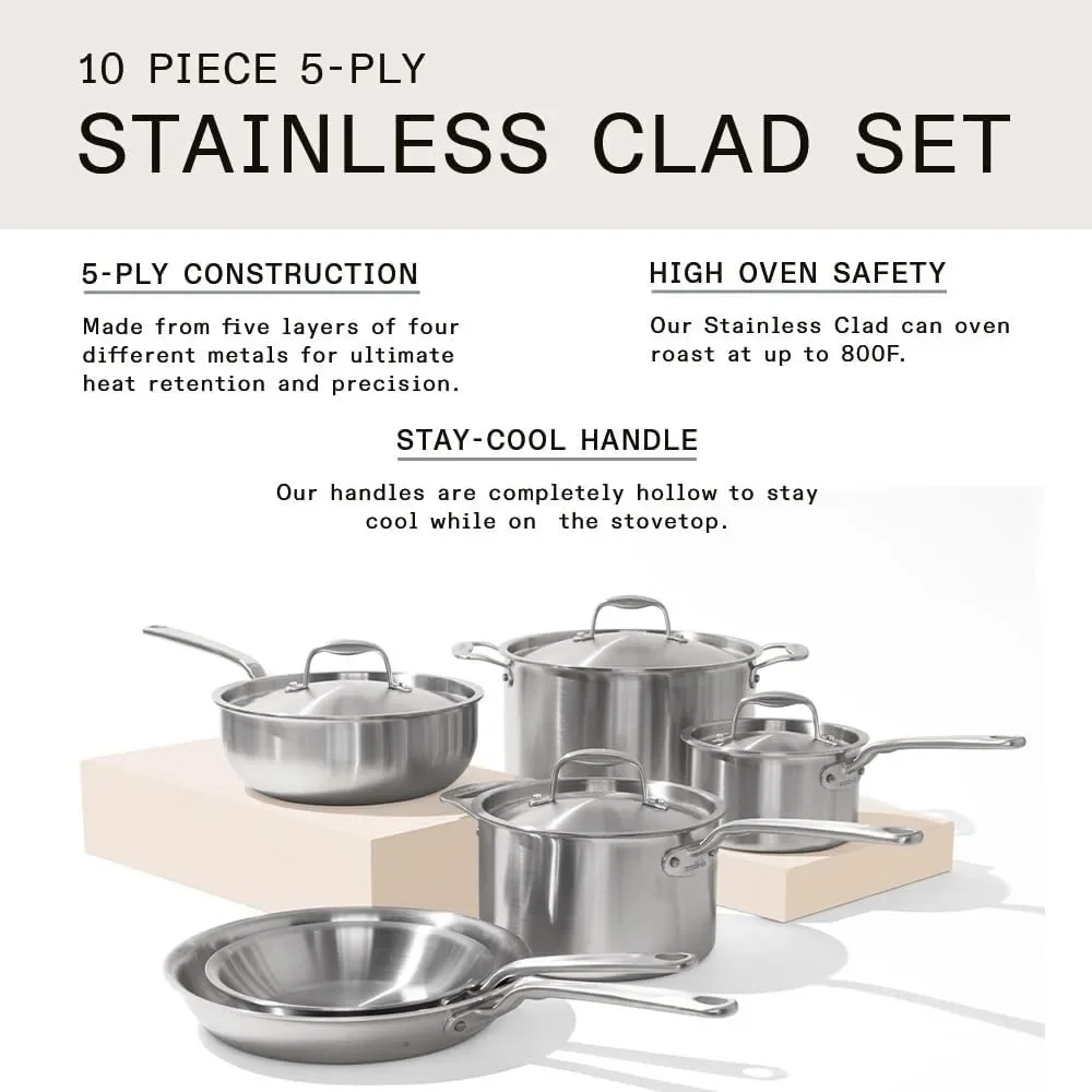 10 Piece Stainless Steel Pot and Pan Set - 5 Ply Clad Includes Stainless Steel Frying Pans Saucepans Saucier and Stock Pot W/Lid