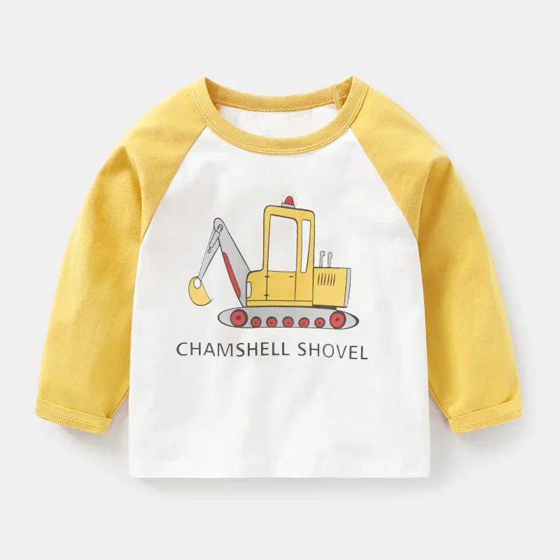 Toddler Spring and Autumn Top Round Neck Cartoon Excavator Hot stamping Neutral Short sleeved T-shirt for daily wear