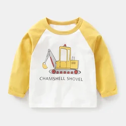 Toddler Spring and Autumn Top Round Neck Cartoon Excavator Hot stamping Neutral Short sleeved T-shirt for daily wear