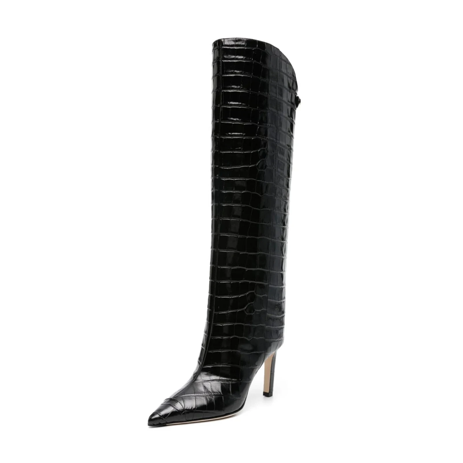 Women\'s leather knee high boots high heel pointed toe pull on metal buckle tall boots party date heels Ladies