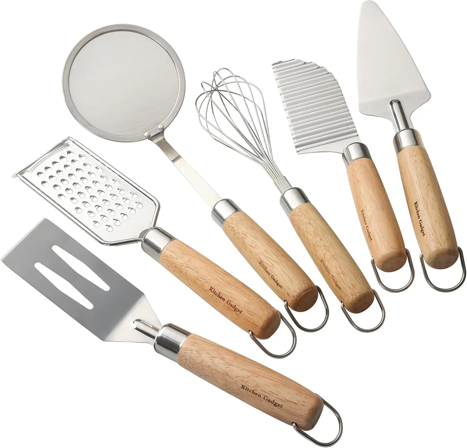 

Набор кухонных гаджетов, набор кухонных принадлежностей из нержавеющей стали из 6 предметов с деревянной ручкой, многофункциональная кухонная утварь, инструменты для гаджетов