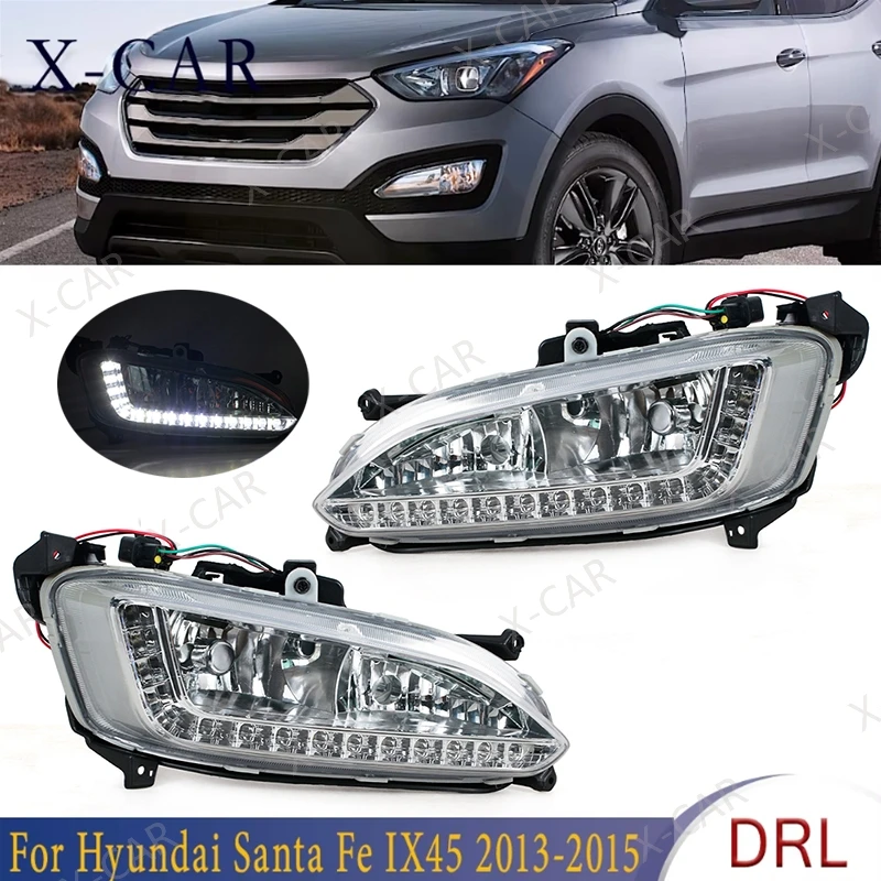 2PCS For Hyundai Santa Fe IX45 2013-2015 12V LED DRL Daytime Running Drive Light Fog Lamp Car Headlight Assembly
