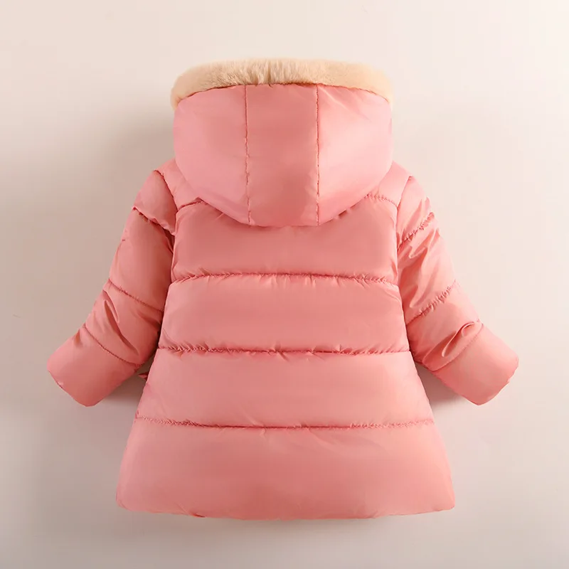 New Winter Girls Jacket Cute Candy Fur Collar Keep Warm Girls Princess Coat Hooded Zipper Baby Outerwear 1-4 Yeras Kids Clothes
