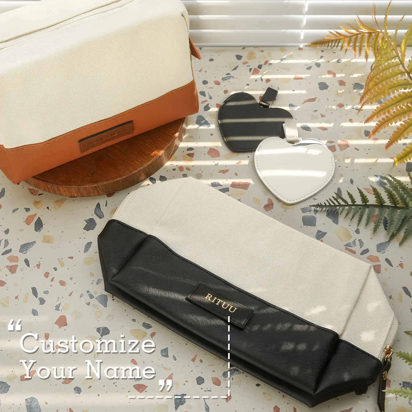 

Personalized Name Splicing Makeup Bag with Free Heart Shape Mirror Custom Name Cosmetic Toiletry Pouch Customized Organizer