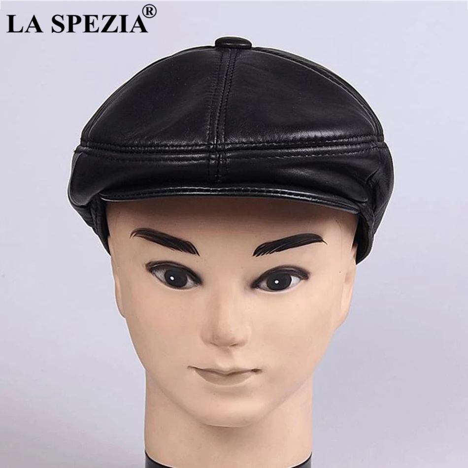 LA SPEZIA Echt Leder Berets Mann Schwarz Casual Entenschnabel Hüte Vintage Italienische Luxus Echtem Leder Winter Warme Flache Kappen