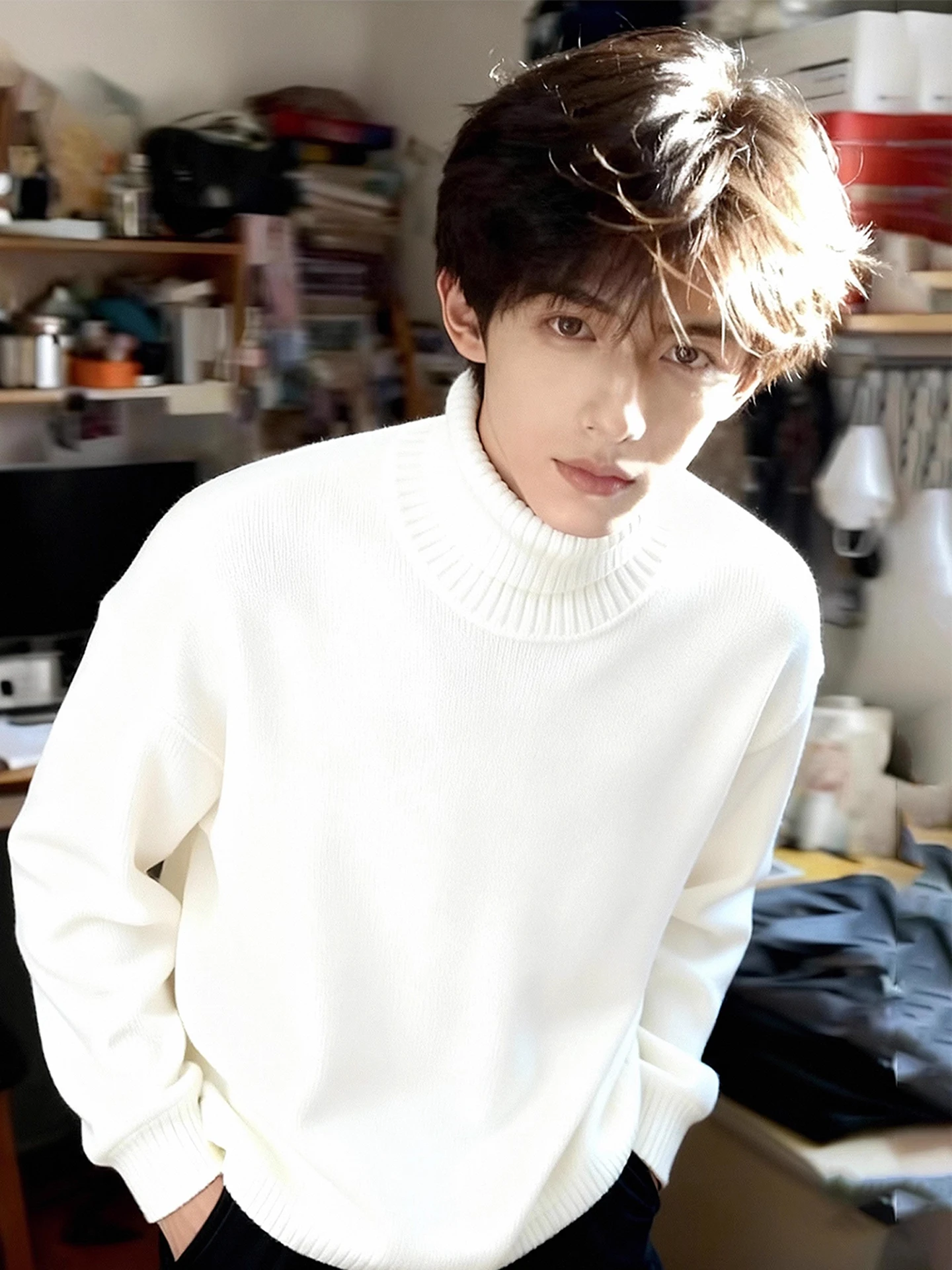 

Мужской утепленный свитер с высоким воротником и подкладкой из флиса, белый, с отложным воротником, зимний, повседневный, удобный, теплый топ