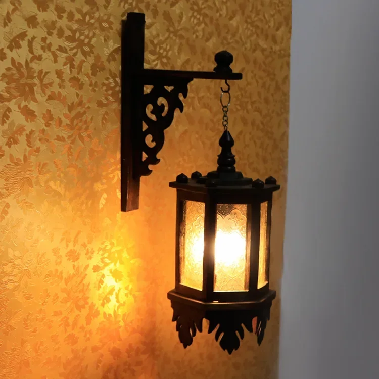 

Solid Wood Wall Chandelier Southeast Asia Retro Solid Wood Courtyard Glass Chandelier Hotel Decoration Lamp