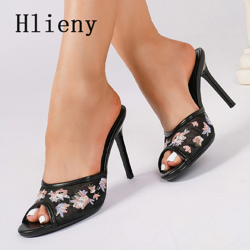 

Hlieny Fashion Embroidery Flower Mesh Designer Slippers Women Mules Slides Shoes Peep Toe High Heels Ladies Party Dress Sandals