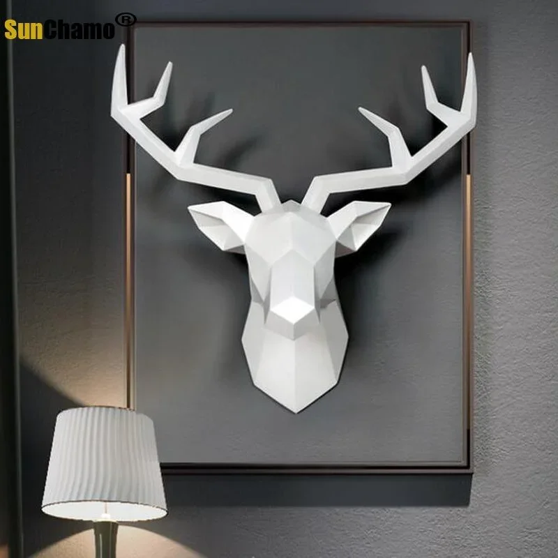 Large Size 4 Color Geometry 3D Animal Deer Head Wall Decoration Resin Skull Decor Creative Modern Art Hanging Statue Decore