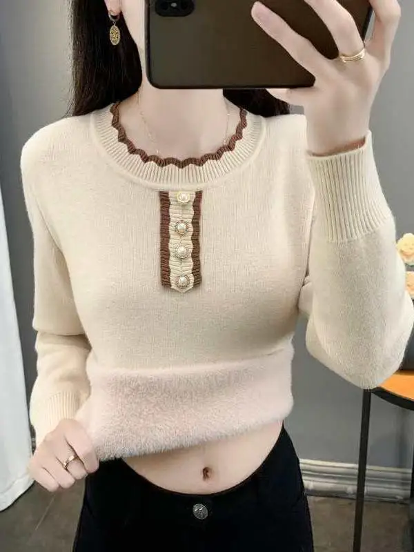 

Утепленный вязаный свитер для женщин, облегающий, с круглым вырезом, для осени и зимы, новый, в китайском стиле, модный, женский, вязаный.