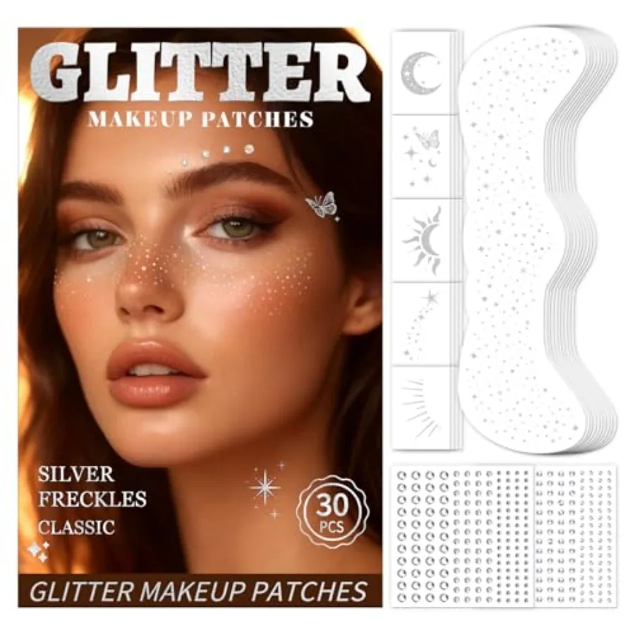 

30PCS Glitter Freckles Face Tattoos and Face Gems Set, Classic Silver Glitter Temporary Tattoos for Makeup Patches, Fake Freckl