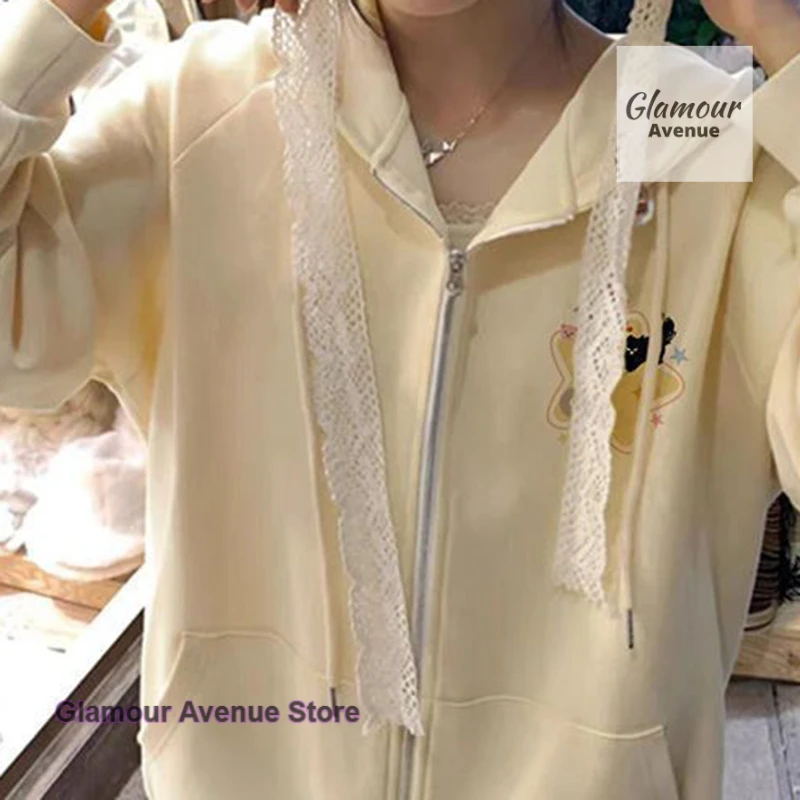 American retro apricot cardigan sweater women's spring and autumn new fashion loose western style casual Joker hooded coat