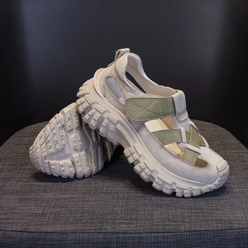 DRKANOL Women Chunky Platform Sandals Summer Breathable Hollow Out Genuine Leather Wedges Heel Sandals Ladies Thick Sole Sandals