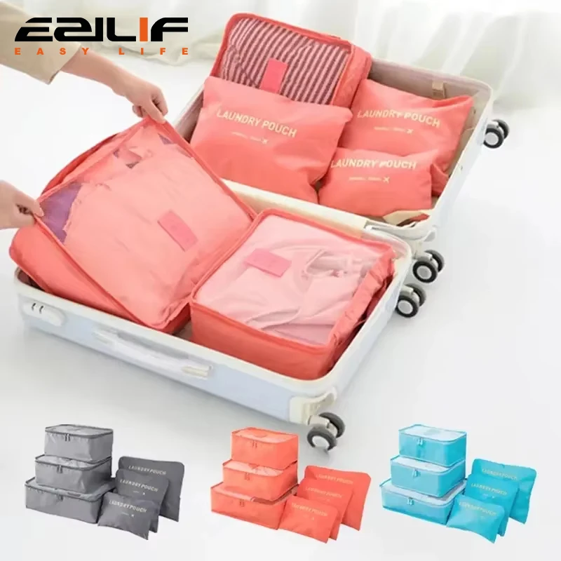 6pcs Travel Luggage Packing Cubes, Suitcase Clothes Storage Bag, Foldable Organizer Shoes Underwear Pouch