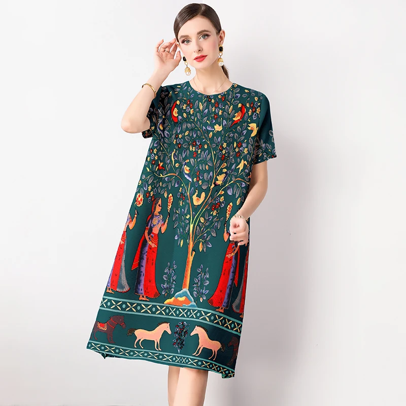 Vintage Printed Pleated Dress for Miyake Mom Retro Printed Middle Eastern Women's Loose and Slimming Mid Length Skirt 2024