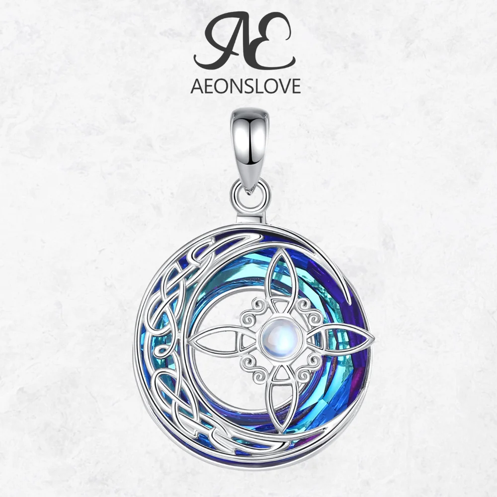 

AEONSLOVE 925 Sterling Silver Witches Knot Necklace Blue Austrian Crystal Moonstone Knot Pendant Wicca Pagan Jewelry Party Gifts