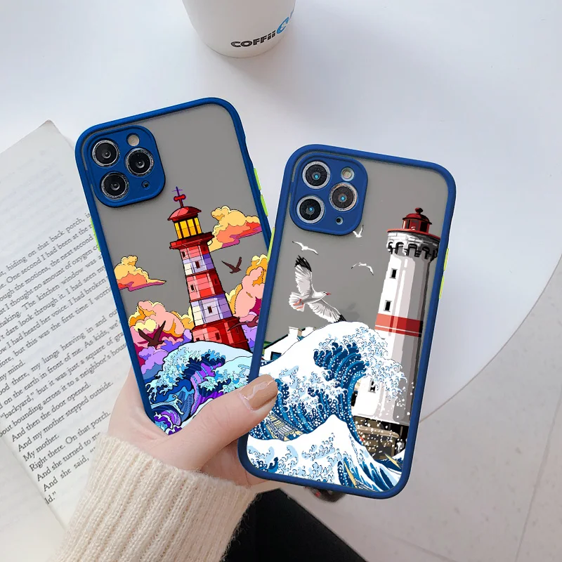 Etui na telefon Blue Wave do iphone 16 15 12 11 13 Pro Max Lighthouse Illustration Cover do iphone X XR XS 7 8 14 Plus Shells