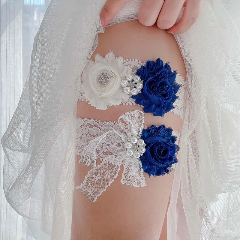 2pcs Women Garter Belt Blue Flower Embroidery Fashion Bridal Thigh Leg Garters Ring For Party Prom Wedding Accessories In Stock