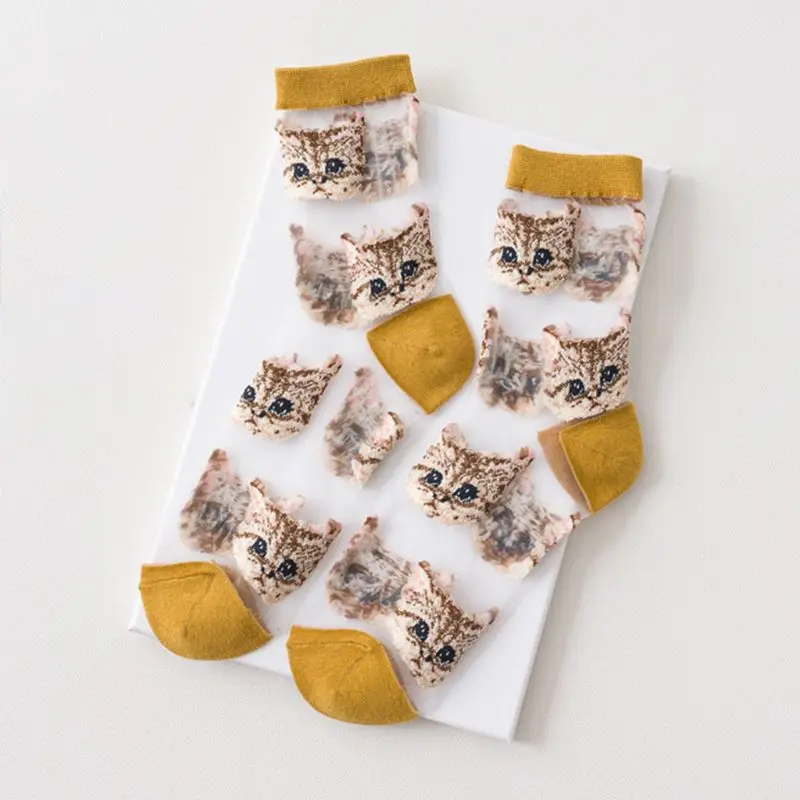 Women Thin Ankle Socks Transparent Glass Fiber Meow for Cat Tube Hosi