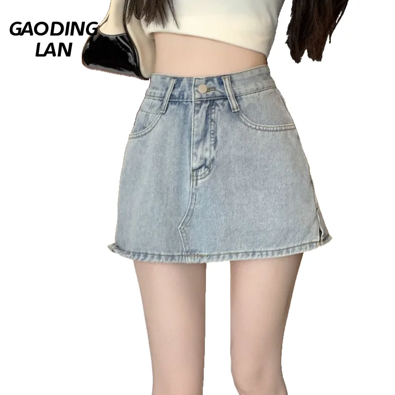 

GAODINGLAN Spice Girl High Waist Hip Wrap Skirt Women A Line Blue Denim Skirts Versatile Prevent Expose Summer Mini Skirt Female