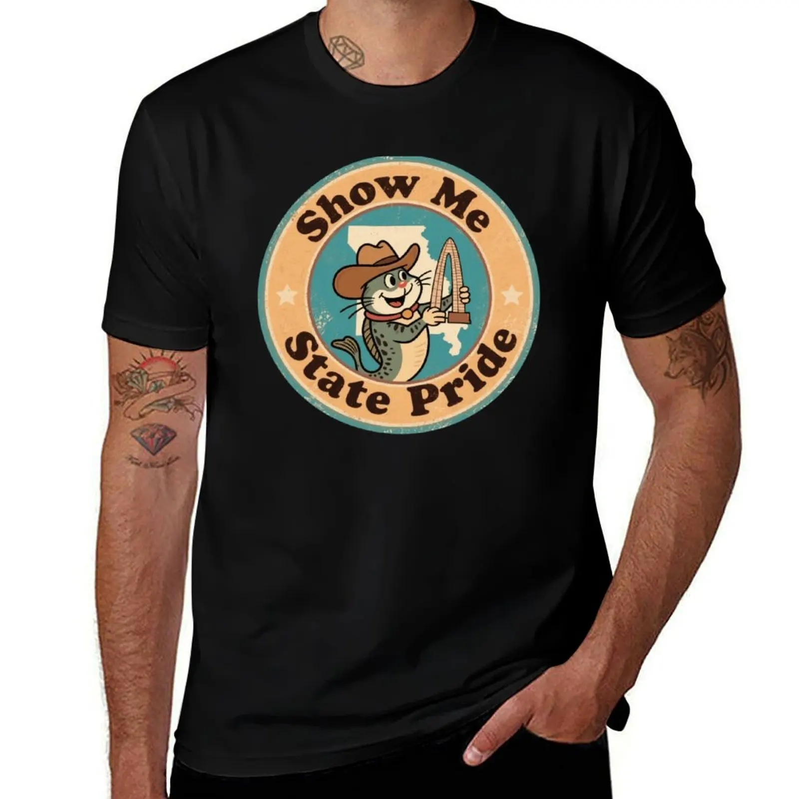 

Retro Missouri Badge_ Catfish Holding Gateway Arch T-Shirt Funny t-shirts aesthetic clothes sweat designer t shirt men