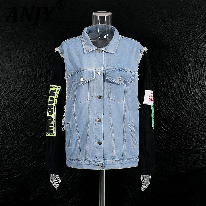 

ANJY Spring Autumn New Women Jacket Denim Patchwork Knitted Sleeve Color Block Single Breasted Turn-Down Collar Chic Coat A13247