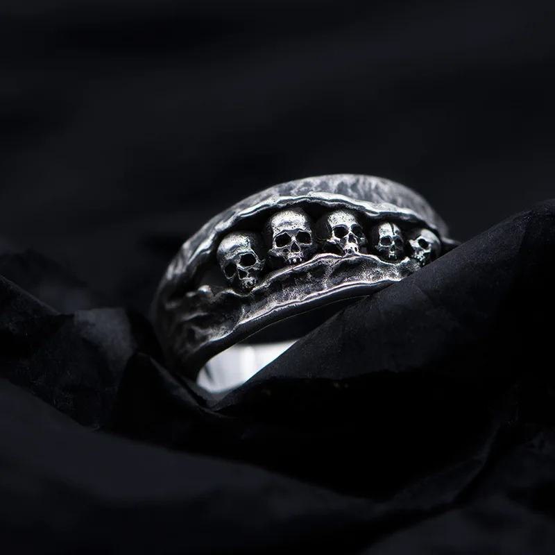 Retro American Five Head Abalone Skeleton Men's Ring Trendy Personalized Handmade Ring Fashionable Adult Male Jewelry